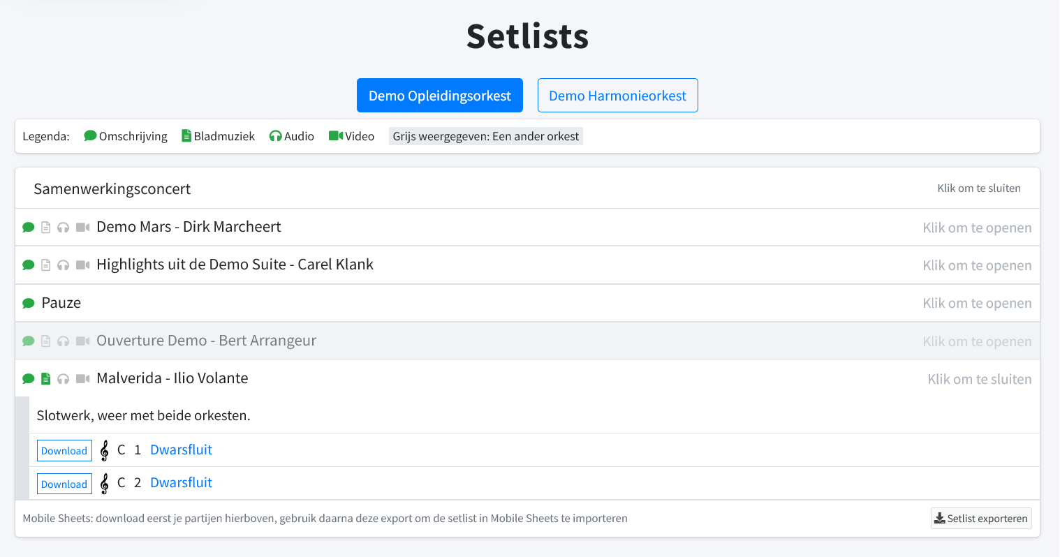Setlist met muziekstukken en te downloaden partijen