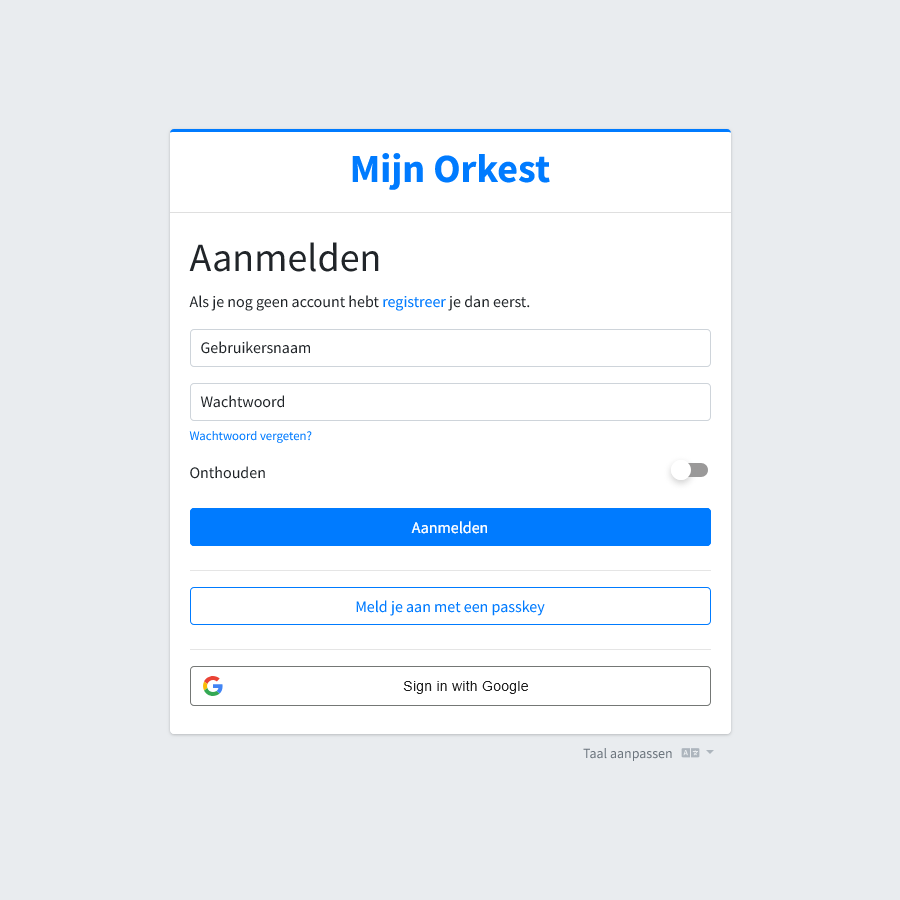 Login scherm van Mijn Orkest